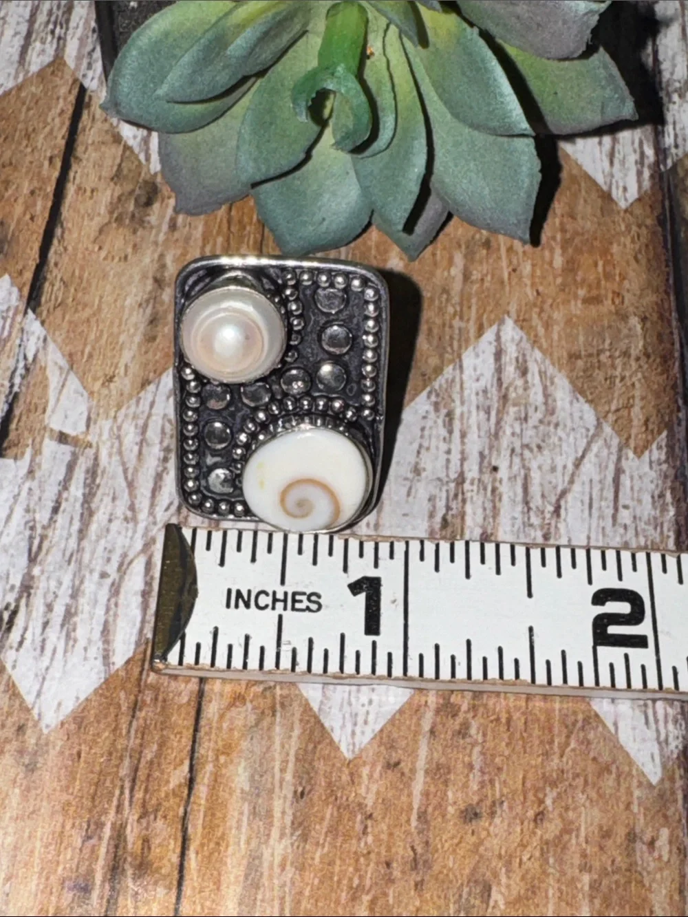 Silver Shell & Pearl Accent Ring
